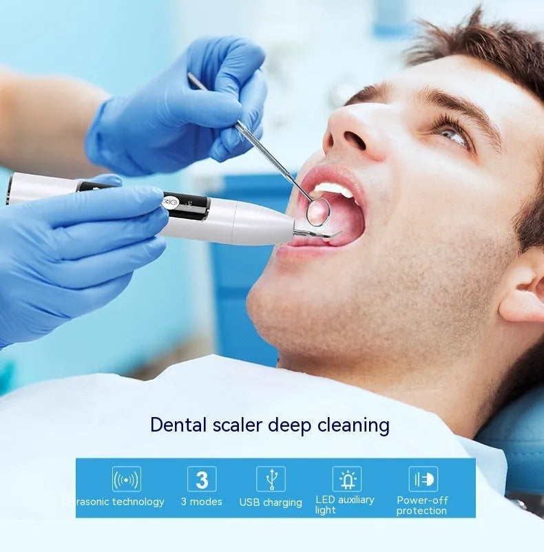 Ultrasonic dental cleaner with visual display, 30KHZ tracking, three cleaning modes, and 500mAh rechargeable battery.