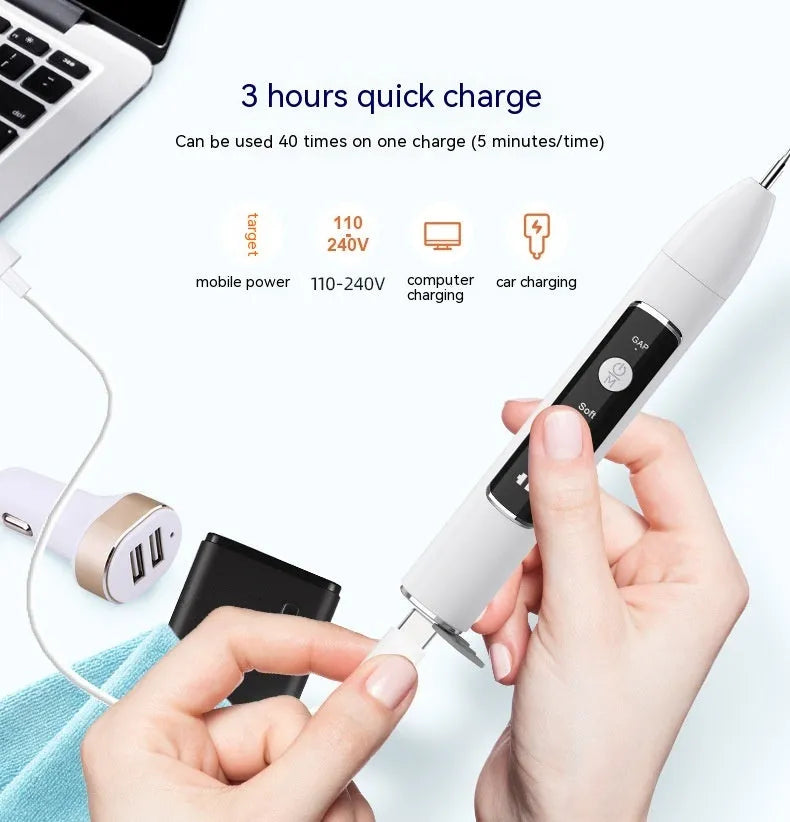Ultrasonic dental cleaner with visual display, 30KHZ tracking, three cleaning modes, and 500mAh rechargeable battery.