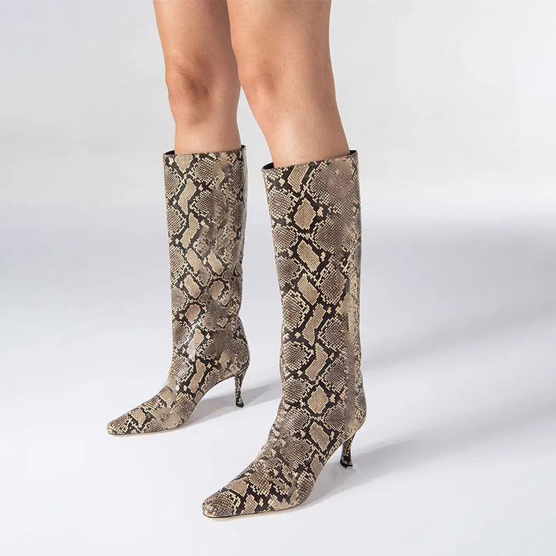 Women's square-toe cowboy boots with 4cm block heel in multiple colour options including snake pattern