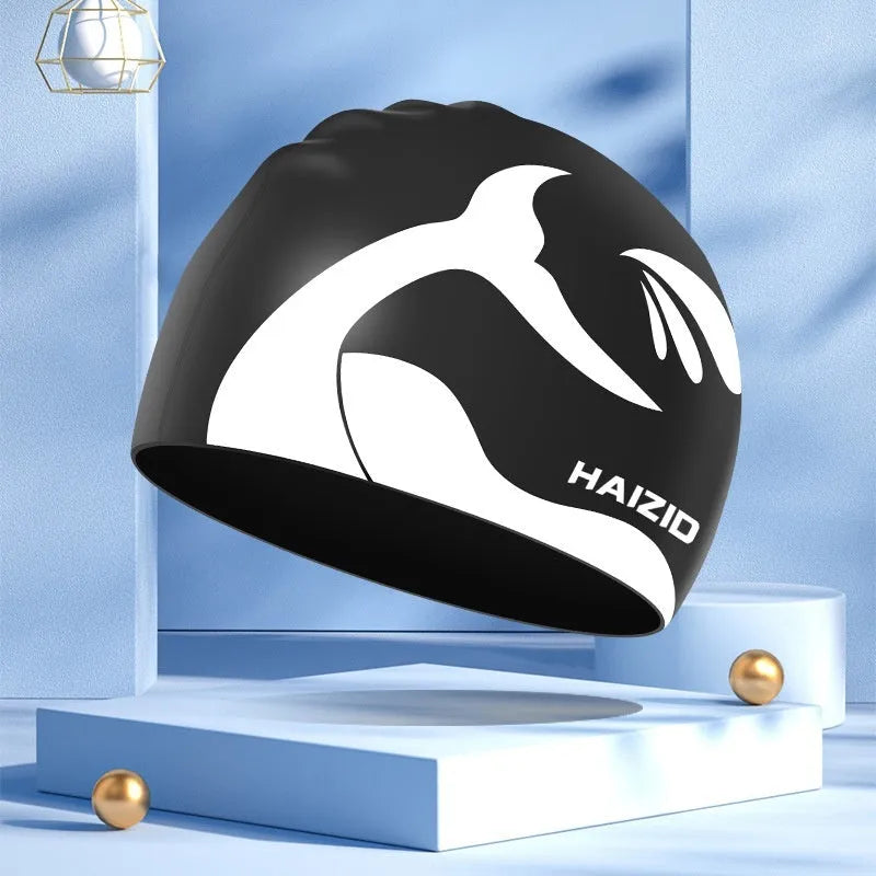 Silicone swimming cap with whale tail pattern and waterproof ear protectors in four colour options