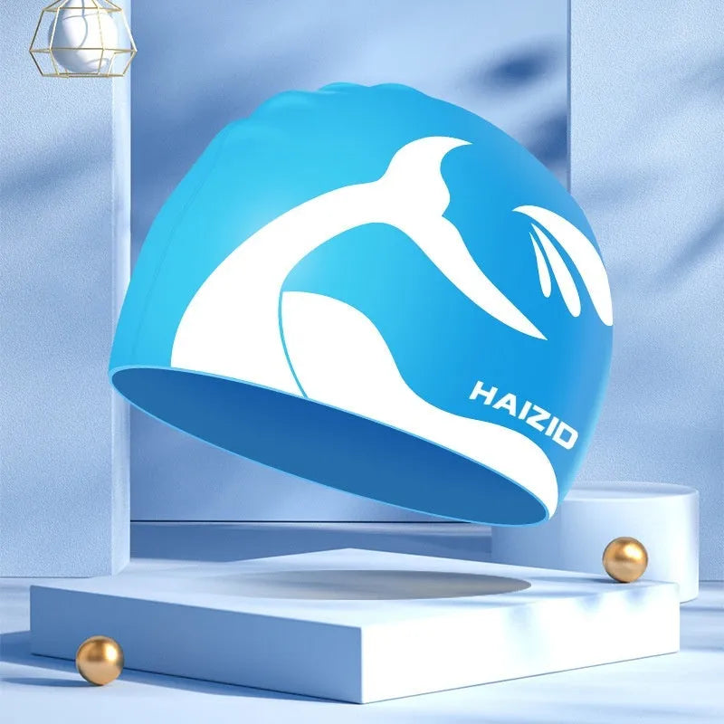 Silicone swimming cap with whale tail pattern and waterproof ear protectors in four colour options