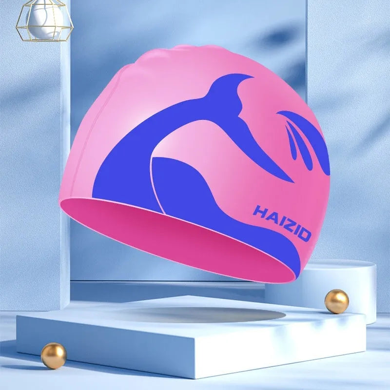 Silicone swimming cap with whale tail pattern and waterproof ear protectors in four colour options