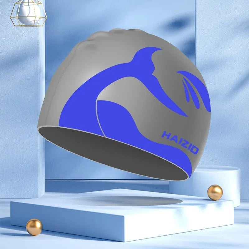 Silicone swimming cap with whale tail pattern and waterproof ear protectors in four colour options