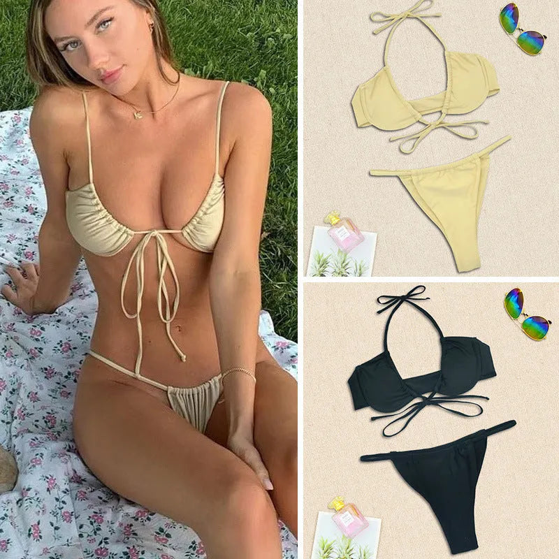 Women's split bikini swimsuit in black or mint green with bra and panties, sizes S to XL