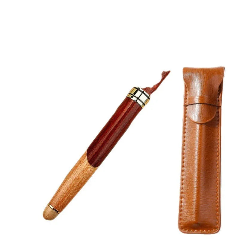 Wooden fountain pen with metal accents and a matching fabric pen bag.