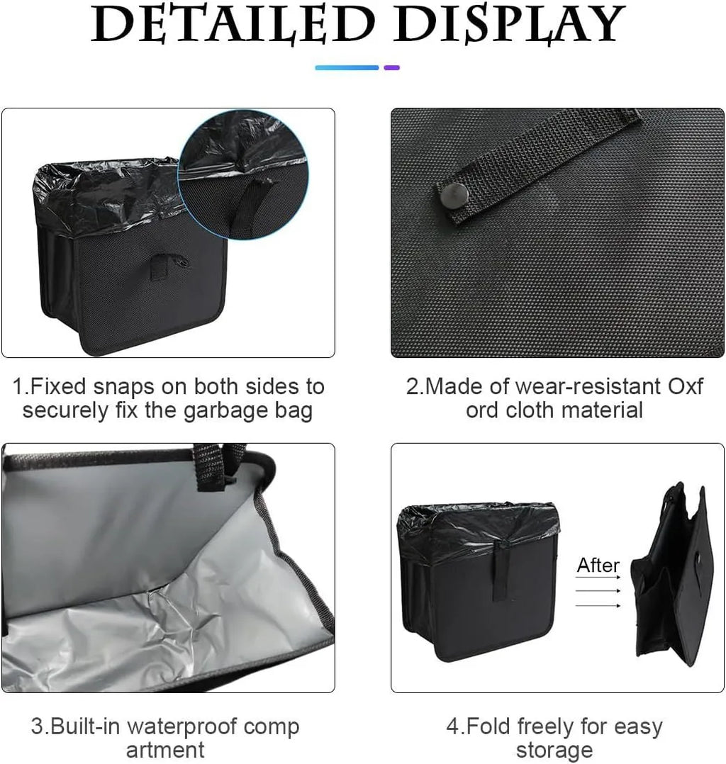 Black Oxford cloth car hanging trash can with hanging loops, shown unfolded.