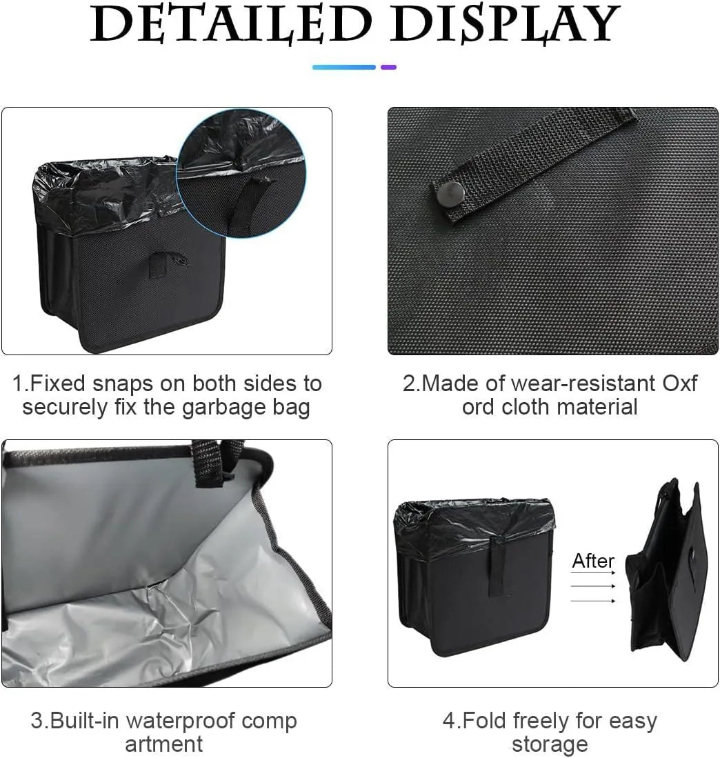 Black Oxford cloth car hanging trash can with hanging loops, shown unfolded.