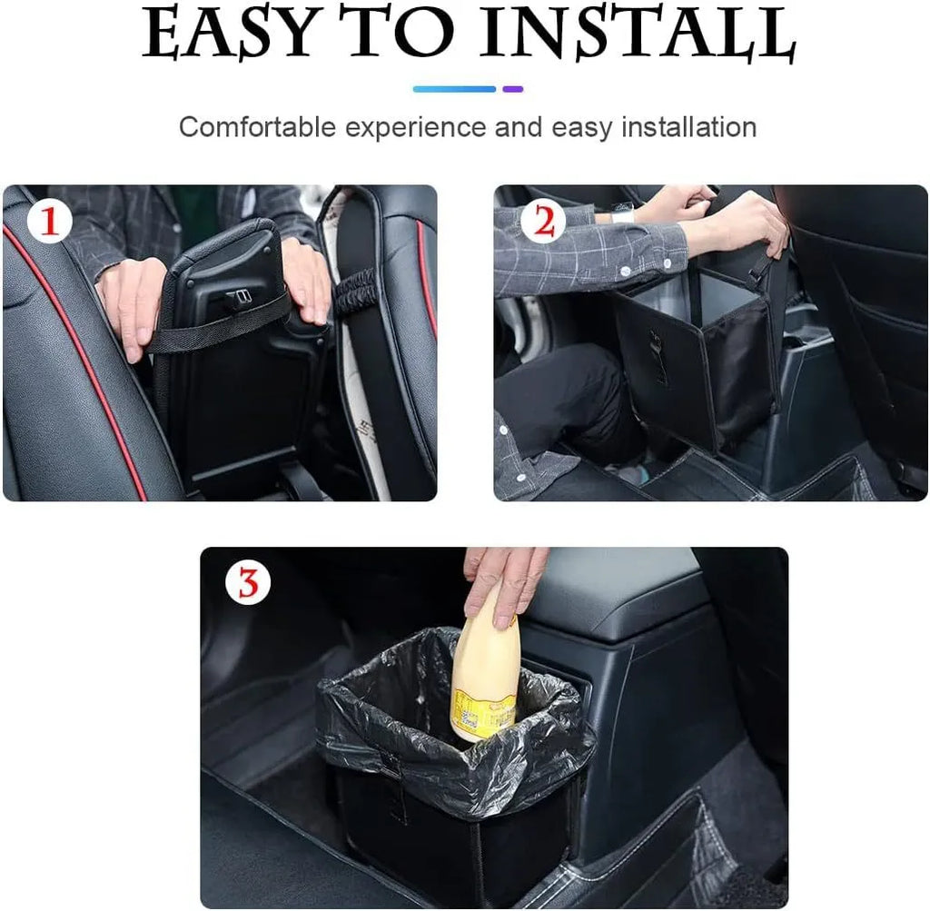 Black Oxford cloth car hanging trash can with hanging loops, shown unfolded.