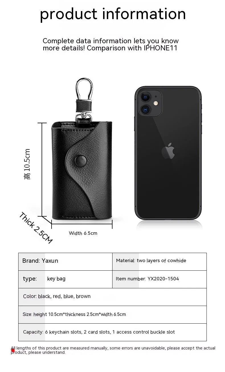 Genuine leather keychain card holder in square vertical design with internal key mapping