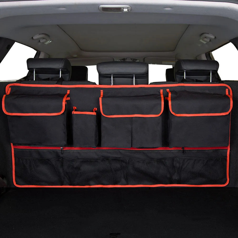 Black car boot hanging storage organiser with shopping bag compartments and waterproof Oxford cloth construction