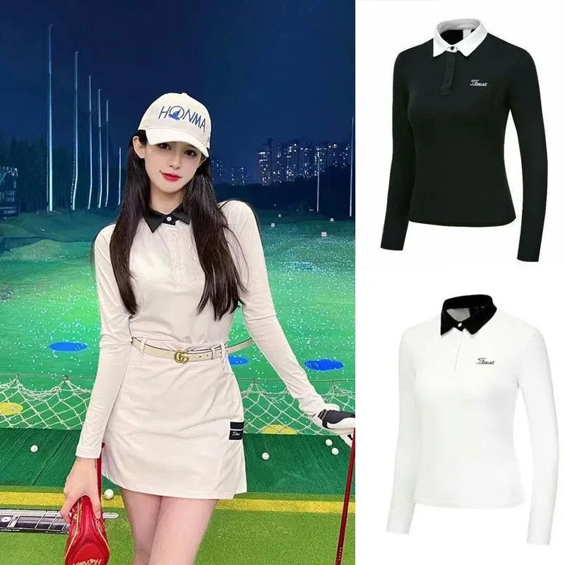 Women's white slim-fit long sleeve polyester sports top for golf and outdoor activities.