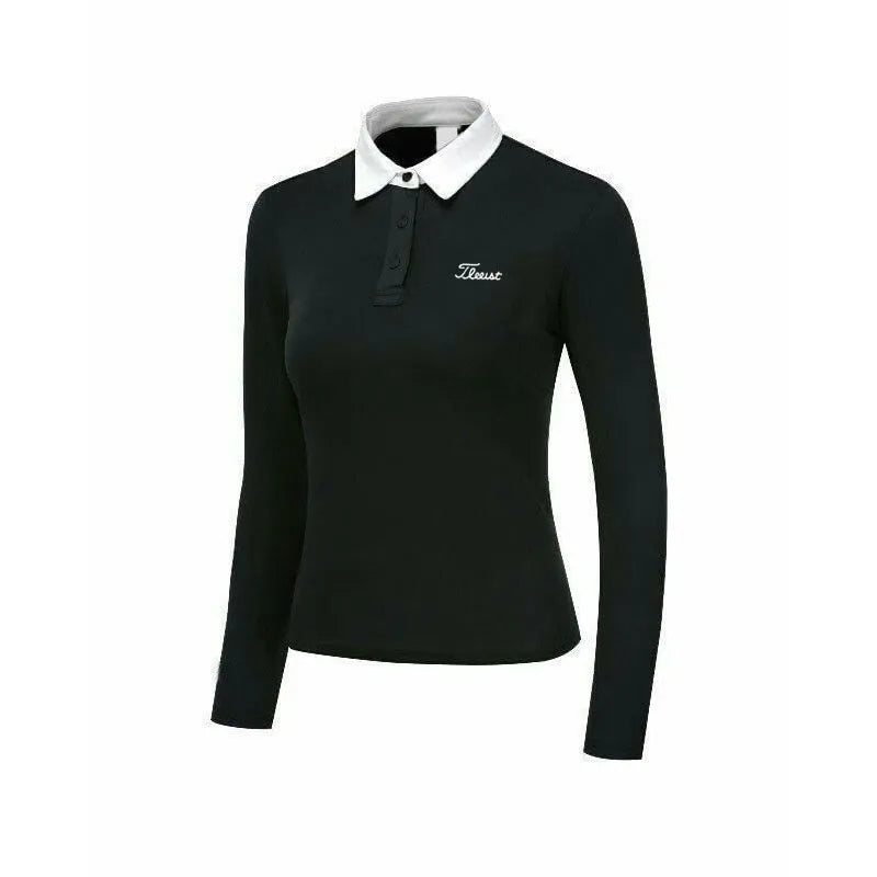 Women's white slim-fit long sleeve polyester sports top for golf and outdoor activities.