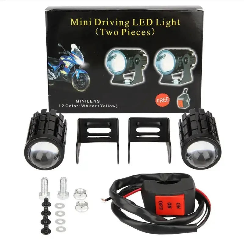 Aluminium PC motorcycle spotlights with dual-colour lens for white or yellow lighting options