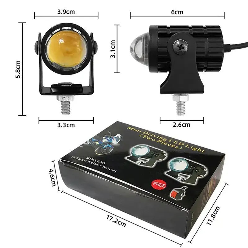 Aluminium PC motorcycle spotlights with dual-colour lens for white or yellow lighting options
