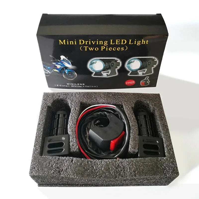 Aluminium PC motorcycle spotlights with dual-colour lens for white or yellow lighting options