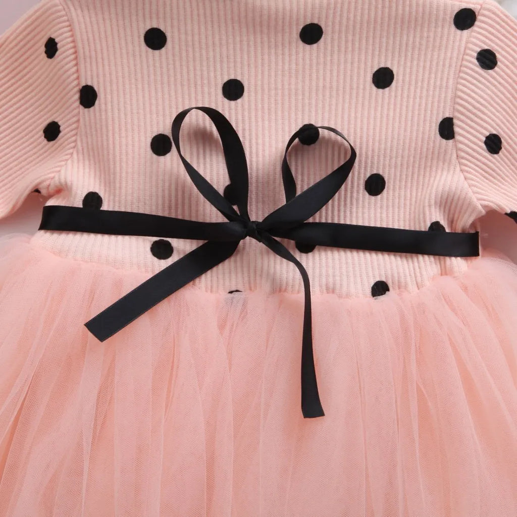 Baby girls long sleeve tutu lace dress with lace detailing, available in black, pink, white for ages 3-8 years