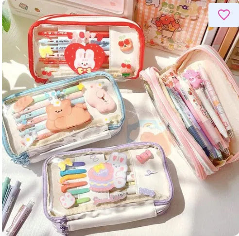 Transparent heart-shaped pen bag in Korean style with pink cake rabbit pattern