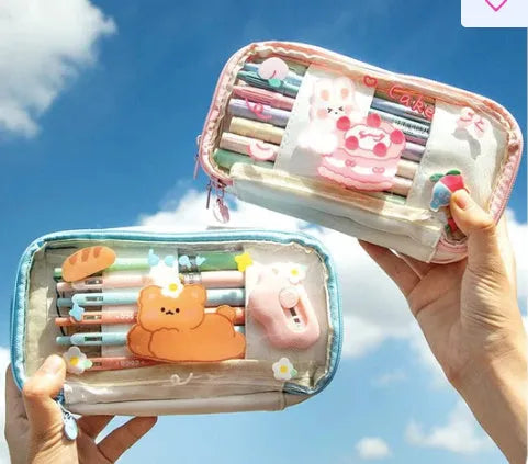 Transparent heart-shaped pen bag in Korean style with pink cake rabbit pattern