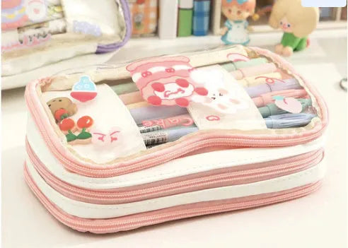 Transparent heart-shaped pen bag in Korean style with pink cake rabbit pattern
