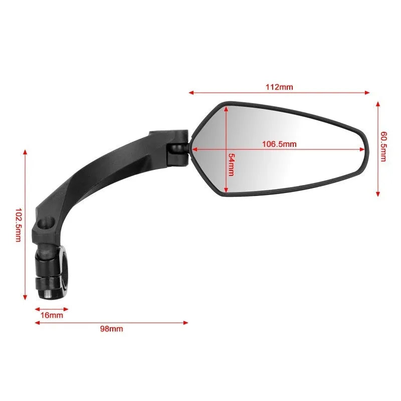 Black rotatable rearview mirror for mountain bike handlebars made of PMMA acrylic.