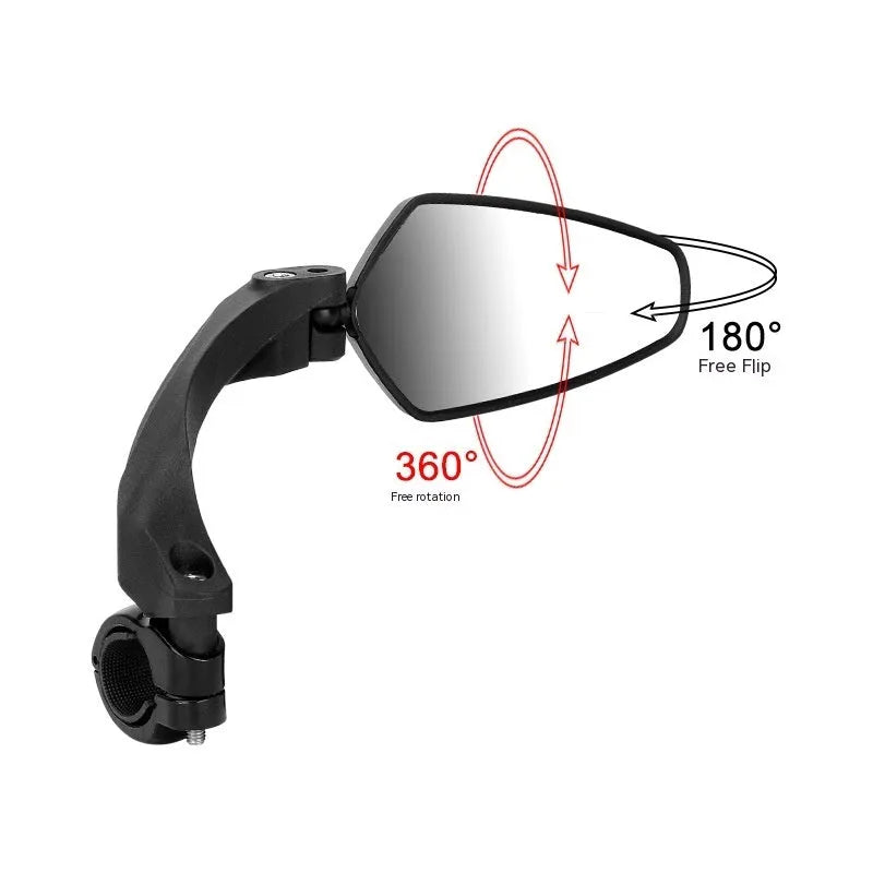 Black rotatable rearview mirror for mountain bike handlebars made of PMMA acrylic.