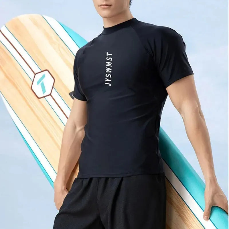 Men's patterned plus size swim shorts set with matching top, shown in multiple colour options.