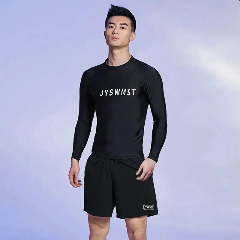 Men's patterned plus size swim shorts set with matching top, shown in multiple colour options.