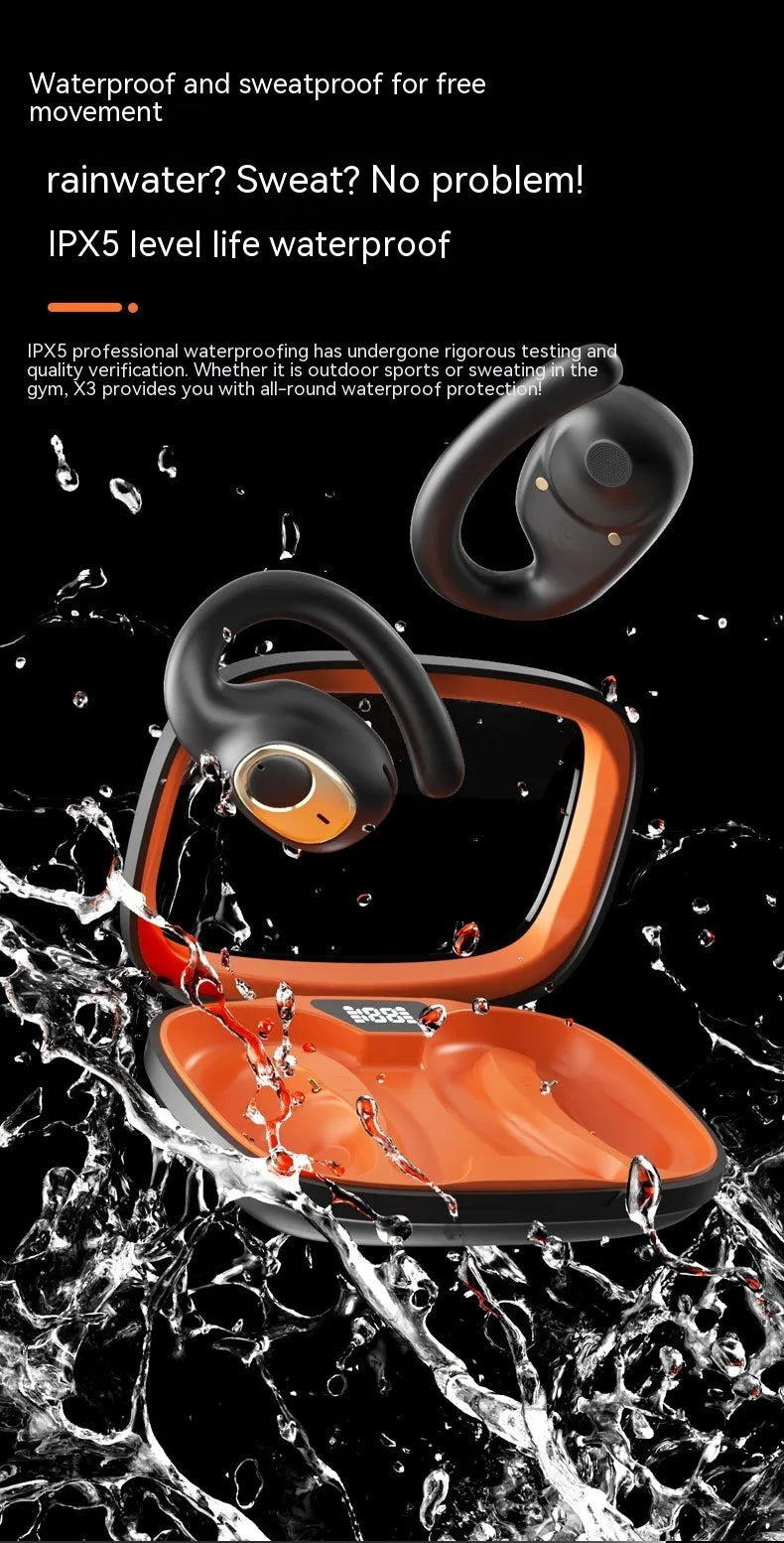 Bluetooth sports headset with ear hook, digital display, black or ivory white, silicone plastic.
