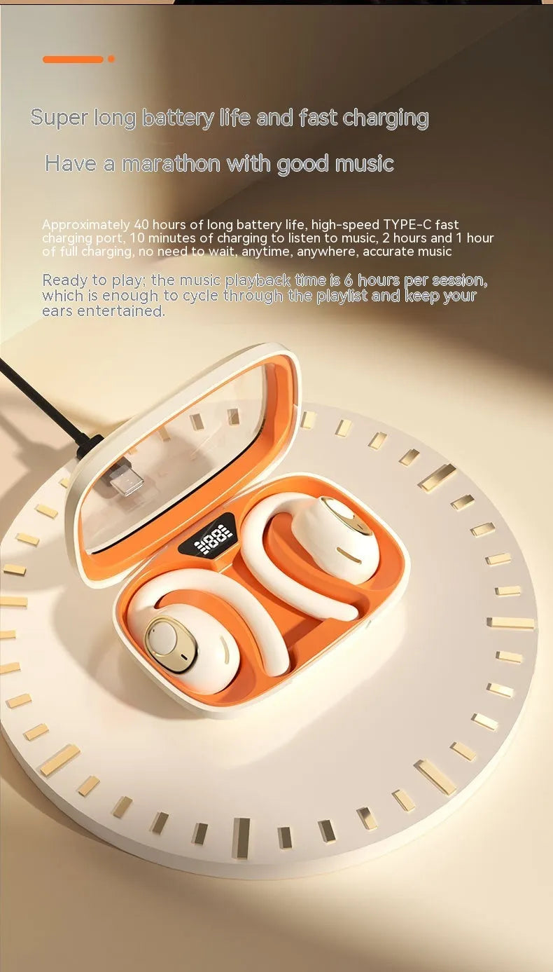 Bluetooth sports headset with ear hook, digital display, black or ivory white, silicone plastic.