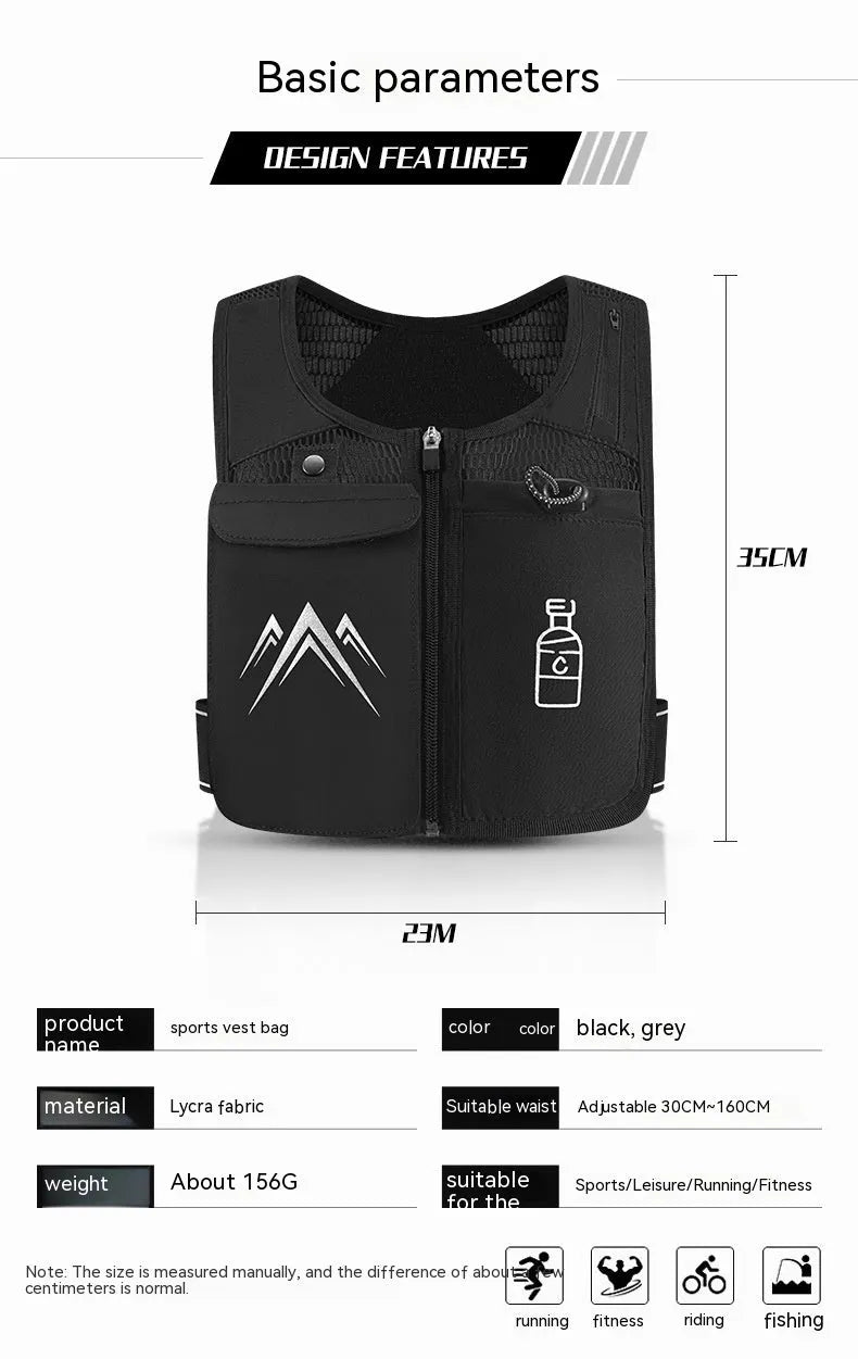 Black breathable mesh sports running vest with a front phone pocket, shown flat with dimensions