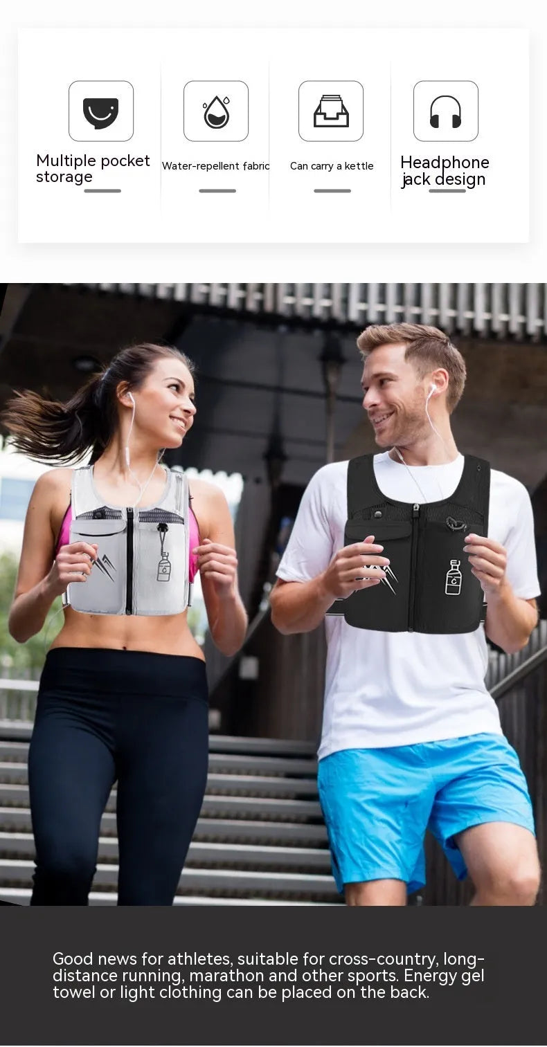 Black breathable mesh sports running vest with a front phone pocket, shown flat with dimensions
