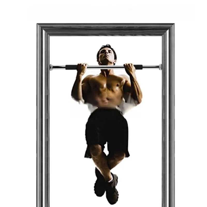 Steel adjustable pull-up bar extended across a door frame for home fitness training