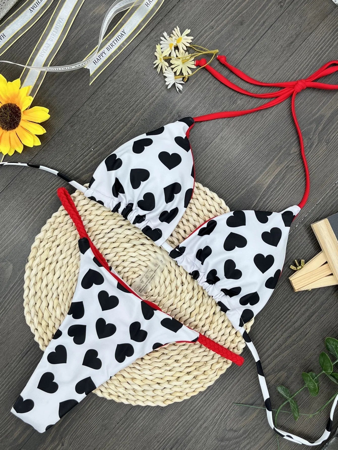 Heart printing backless split swimsuit in briefs style with bra and shorts
