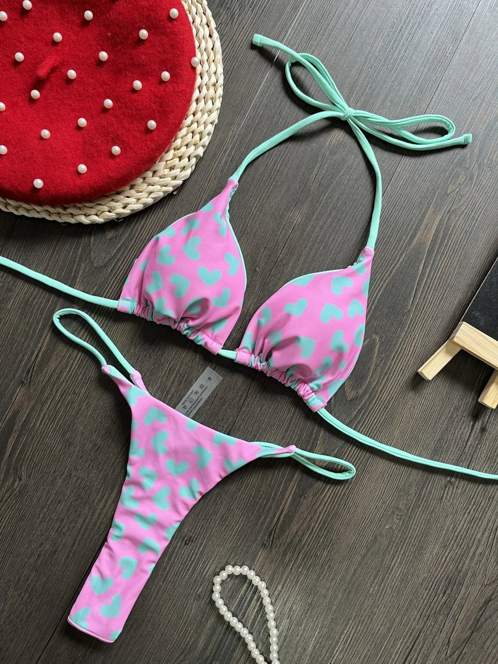 Heart printing backless split swimsuit in briefs style with bra and shorts
