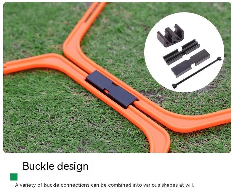 Set of six foldable yellow hexagon plastic agility training rings laid out on grass.