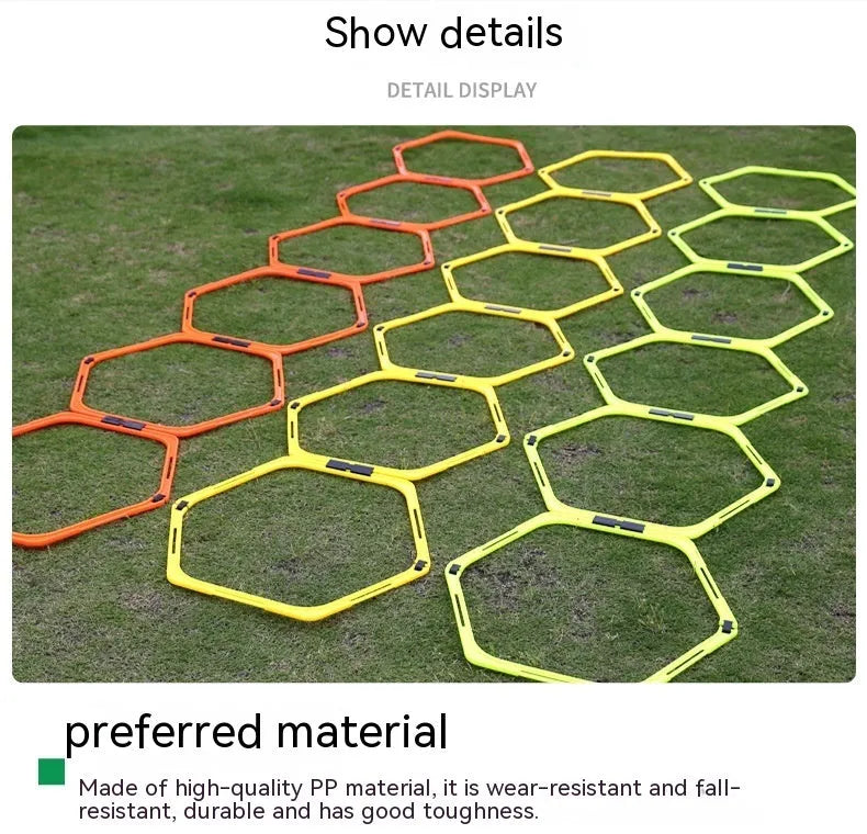 Set of six foldable yellow hexagon plastic agility training rings laid out on grass.