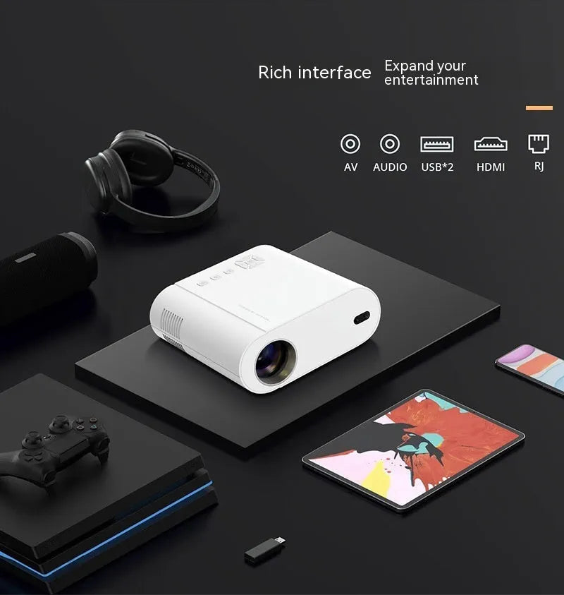White T07 Full HD smart projector with remote control on a table.