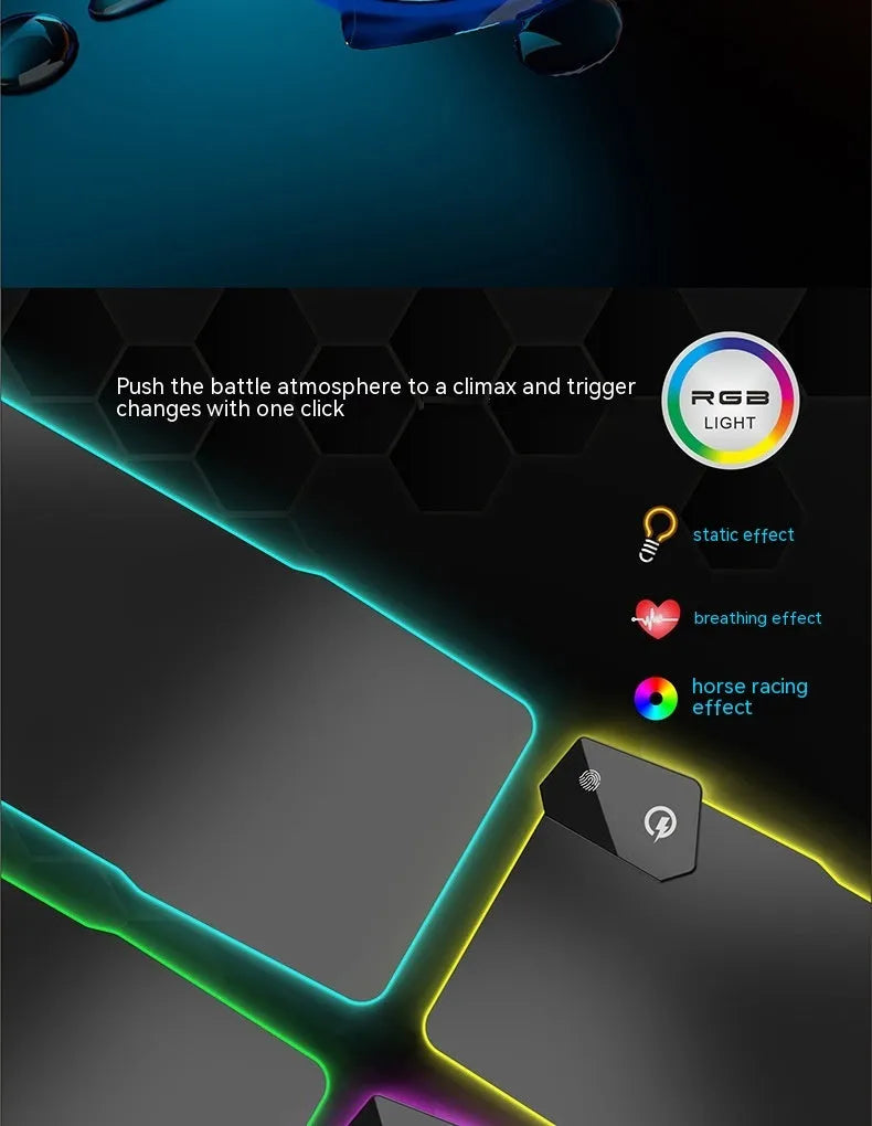 Large black gaming mouse pad with mech-style graphics on a desk, showing its non-slip rubber base and TYPC interface.