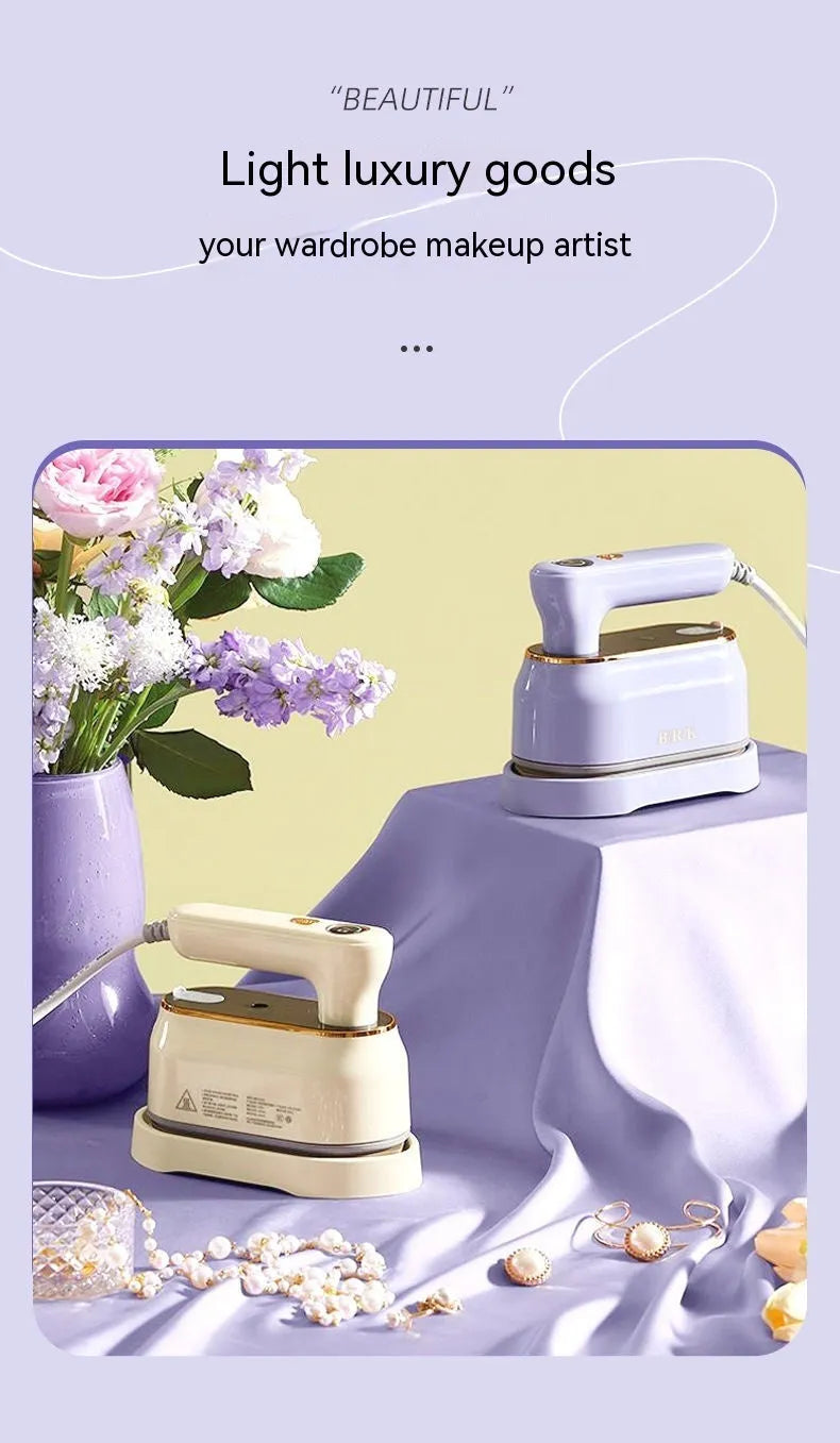 Milky white portable foldable iron with ceramic soleplate on a plain background.