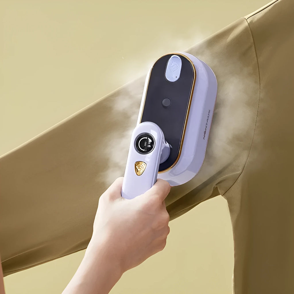 Milky white portable foldable iron with ceramic soleplate on a plain background.