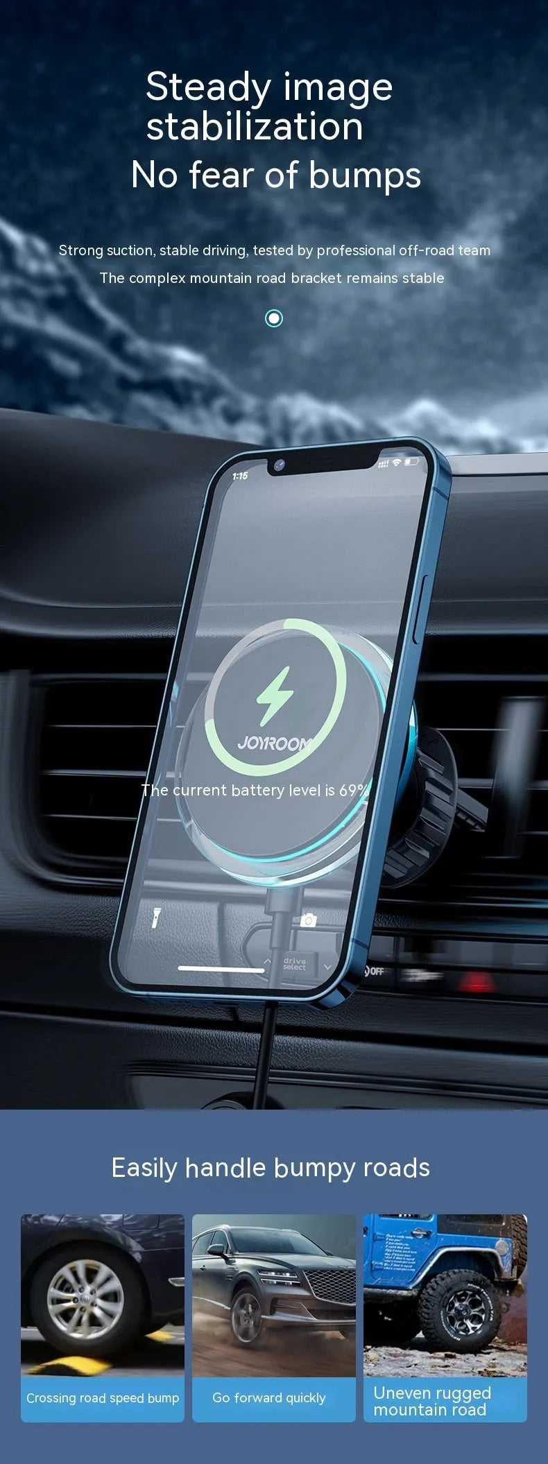 Black magnetic wireless car charger mounted on a car air vent, charging a mobile phone.