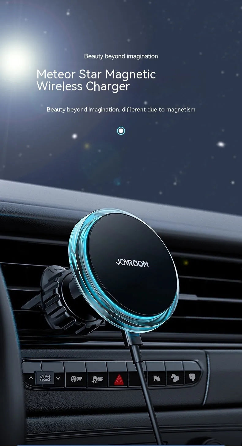 Black magnetic wireless car charger mounted on a car air vent, charging a mobile phone.
