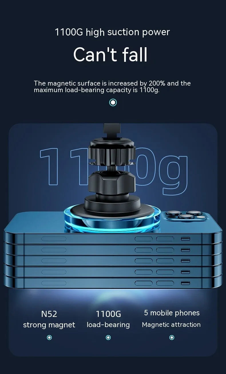 Black magnetic wireless car charger mounted on a car air vent, charging a mobile phone.