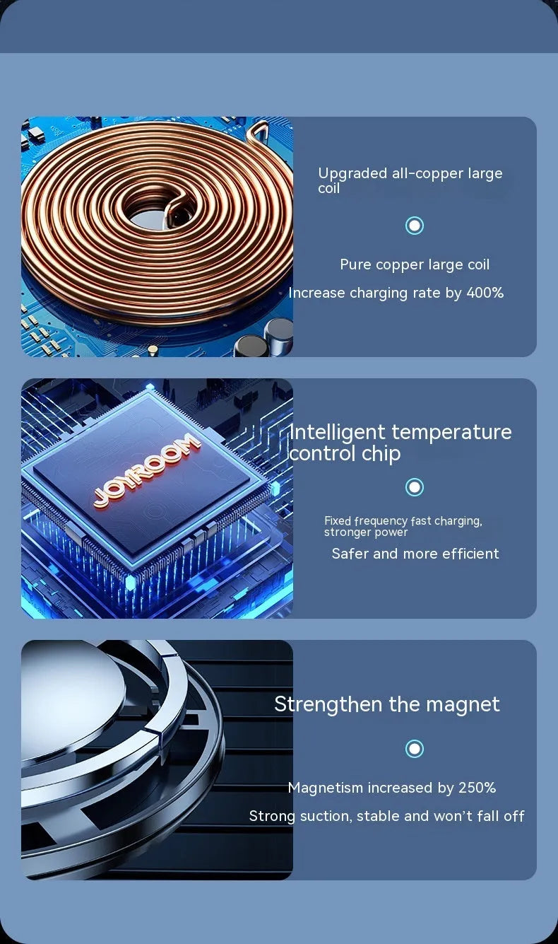 Black magnetic wireless car charger mounted on a car air vent, charging a mobile phone.