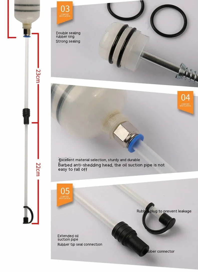 Manual oil change pump tool with syringe design for suction and injection of fluids