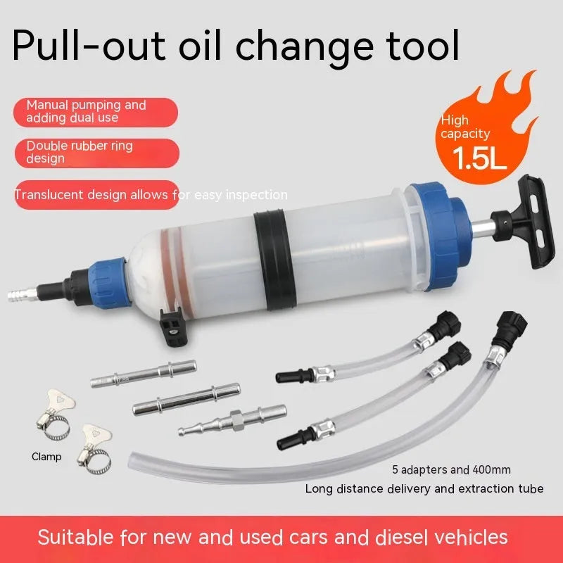 Manual oil change pump tool with syringe design for suction and injection of fluids
