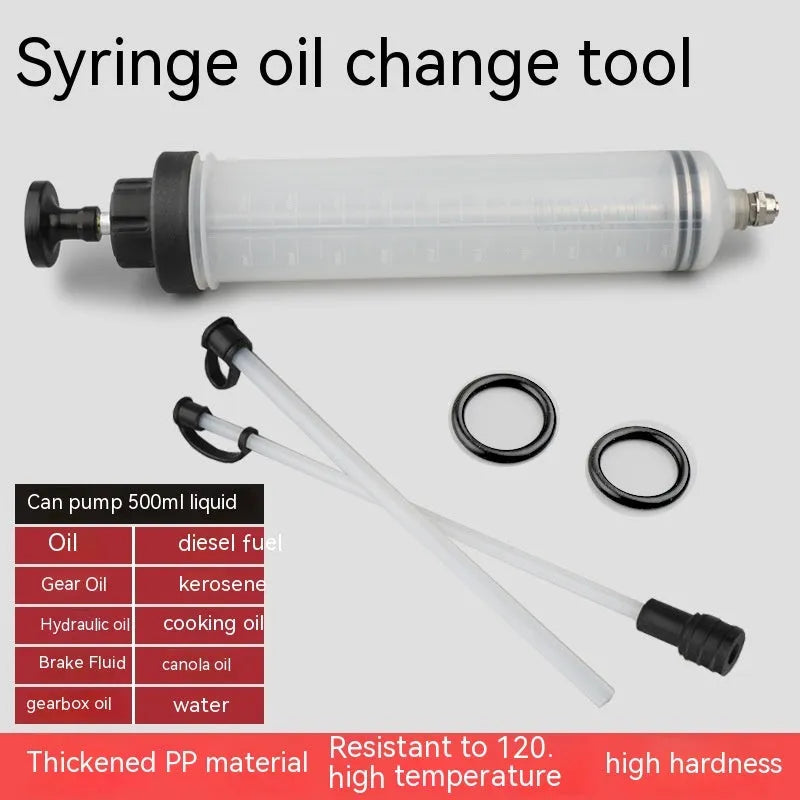 Manual oil change pump tool with syringe design for suction and injection of fluids