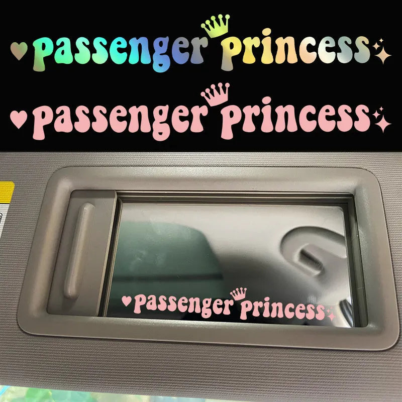 Passenger Princess text car sticker for rearview mirror in black, white, pink, or laser colour.