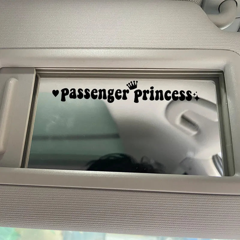 Passenger Princess text car sticker for rearview mirror in black, white, pink, or laser colour.