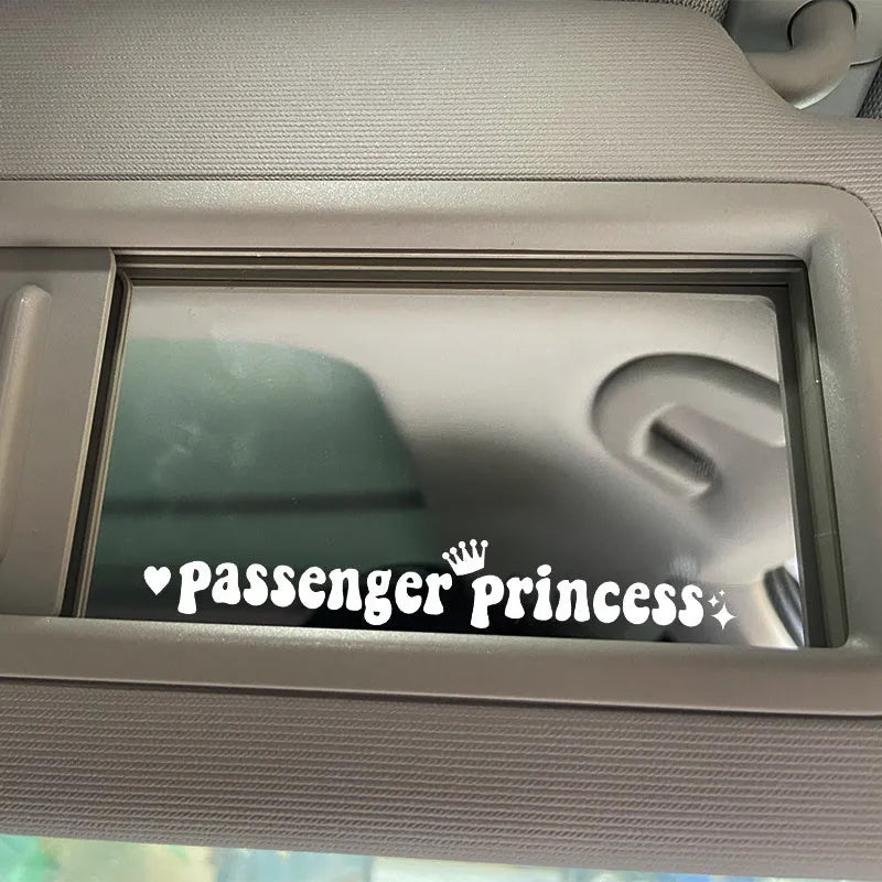 Passenger Princess text car sticker for rearview mirror in black, white, pink, or laser colour.